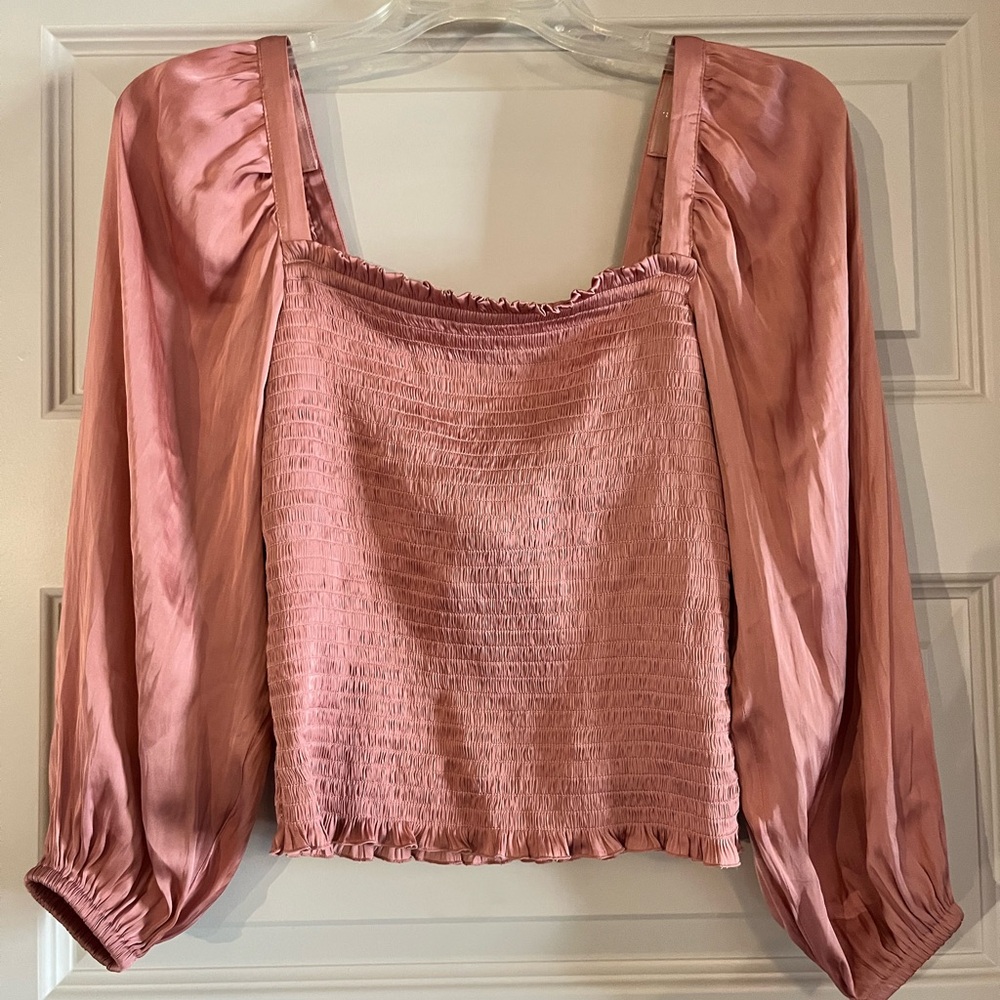 J. Crew Pink Satin Smocked Square Neck Blouse with Puff Long Sleeves